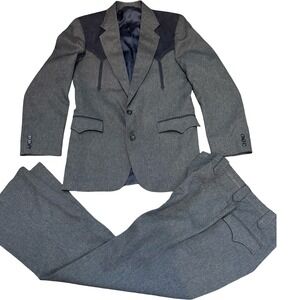 Circle S Dallas Texas Mens Western Suit Grey Navy Blue Yoke Blazer Pants 38R 34